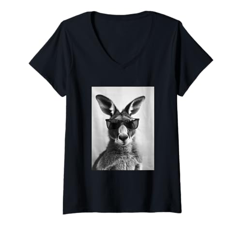 Damen Niedliches Känguru mit Sonnenbrille Cool Desert Animal Photo Booth T-Shirt mit V-Ausschnitt von Funny Animal Photography Clothing Co.