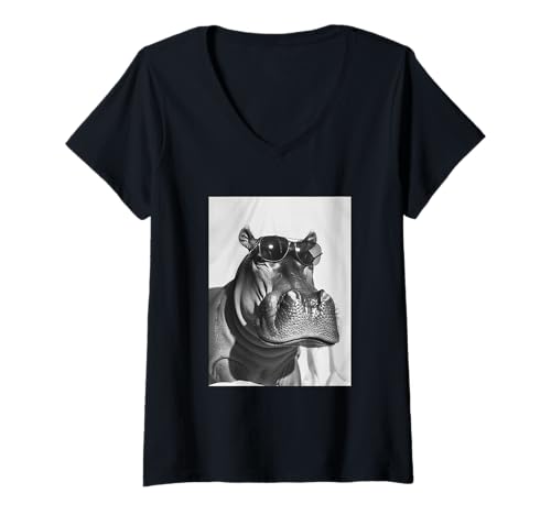 Damen Niedliches Nilpferd mit Sonnenbrille, Cooles Nilpferd Fotokabine T-Shirt mit V-Ausschnitt von Funny Animal Photography Clothing Co.