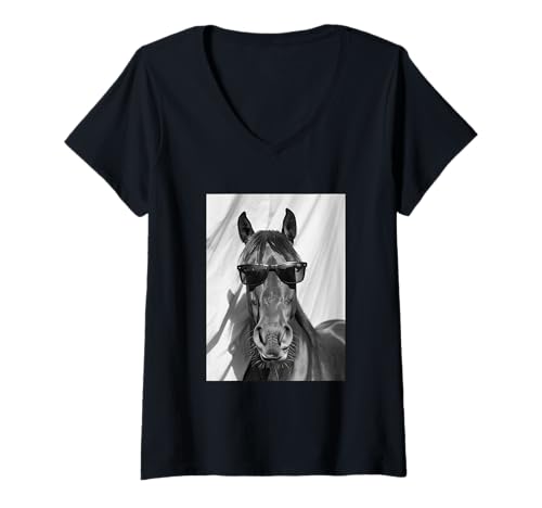 Damen Niedliches Pferd mit Sonnenbrille Bauernhoftier-Fotokabine T-Shirt mit V-Ausschnitt von Funny Animal Photography Clothing Co.