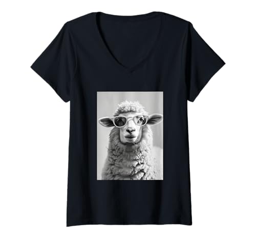 Damen Niedliches Schaf mit Sonnenbrille, Coole Bauernhoftier-Fotokabine T-Shirt mit V-Ausschnitt von Funny Animal Photography Clothing Co.