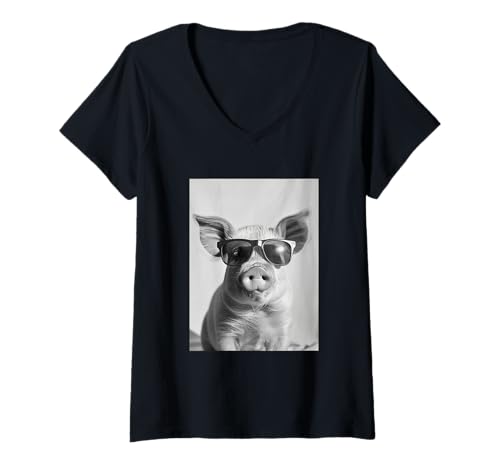Damen Niedliches Schwein mit Sonnenbrille, Coole Bauernhoftier-Fotokabine T-Shirt mit V-Ausschnitt von Funny Animal Photography Clothing Co.