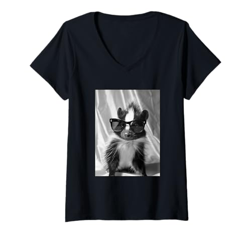 Damen Niedliches Stinktier mit Sonnenbrille Cool Forest Animal Photo Booth T-Shirt mit V-Ausschnitt von Funny Animal Photography Clothing Co.