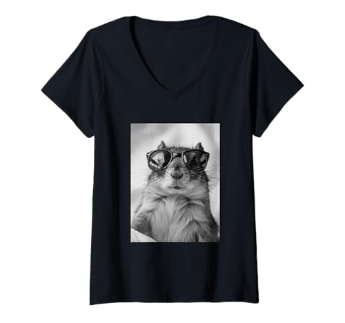 Damen Niedliches Streifenhörnchen mit Sonnenbrille Cool Forest Animal Photo Booth T-Shirt mit V-Ausschnitt von Funny Animal Photography Clothing Co.