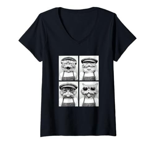 Damen Perserkatzen Sonnenbrille Kaffeeliebhaber Barista Kätzchen T-Shirt mit V-Ausschnitt von Funny Animal Photography Clothing Co.