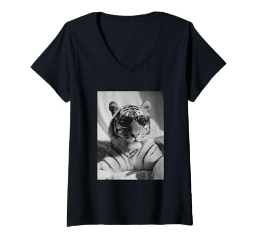 Damen Stilvoller Tiger mit Sonnenbrille, niedliche Tierfotografie T-Shirt mit V-Ausschnitt Damen Stilvoller Tiger mit Sonnenbrille, niedliche Tierfotografie T-Shirt mit V-Ausschnitt von Funny Animal Photography Clothing Co.