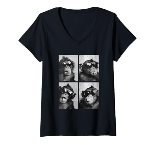 Damen Süße Affen mit Sonnenbrille Coole Schimpansen Fotokabine T-Shirt mit V-Ausschnitt von Funny Animal Photography Clothing Co.