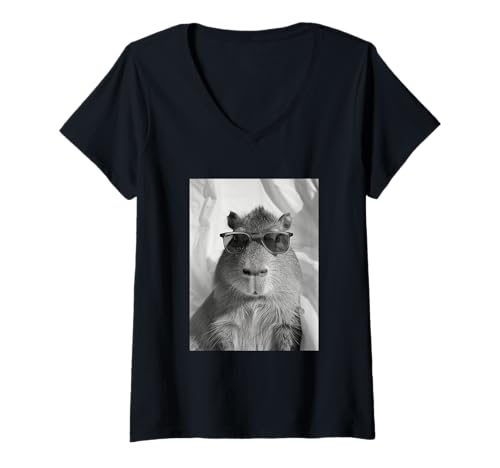 Damen Süße Capybara mit Sonnenbrille Coole Nager Tier Photo Booth T-Shirt mit V-Ausschnitt von Funny Animal Photography Clothing Co.