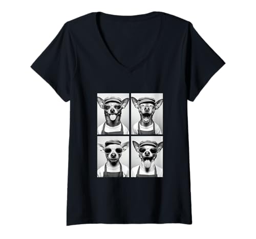 Damen Süße Chihuahuas mit Sonnenbrille Kaffeeliebhaber Barista Hunde T-Shirt mit V-Ausschnitt von Funny Animal Photography Clothing Co.
