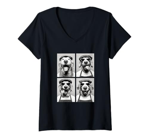 Damen Süße Golden Retriever mit Sonnenbrille Kaffee Hund Barista T-Shirt mit V-Ausschnitt Damen Süße Golden Retriever mit Sonnenbrille Kaffee Hund Barista T-Shirt mit V-Ausschnitt von Funny Animal Photography Clothing Co.