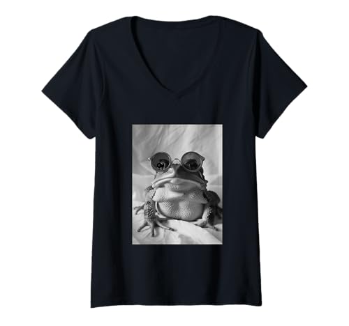 Damen Süße Kröte mit Sonnenbrille, Coole Amphibien-Tier-Fotokabine T-Shirt mit V-Ausschnitt von Funny Animal Photography Clothing Co.
