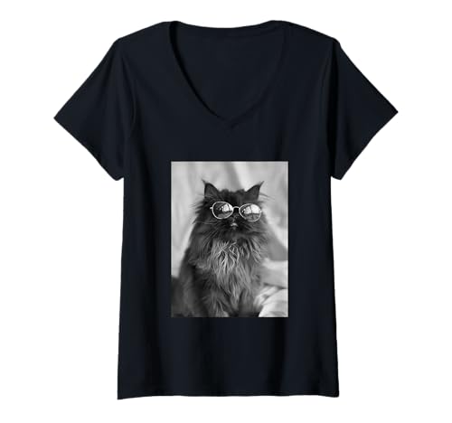 Damen Süße Perserkatze mit Sonnenbrille Katze Tier Photo Booth T-Shirt mit V-Ausschnitt von Funny Animal Photography Clothing Co.