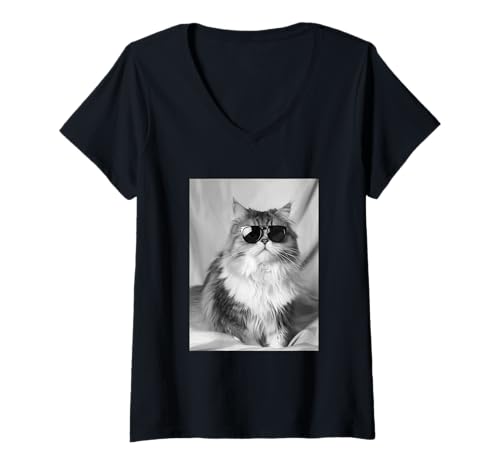 Damen Süße Perserkatze mit Sonnenbrille Katze Tier Photo Booth T-Shirt mit V-Ausschnitt von Funny Animal Photography Clothing Co.