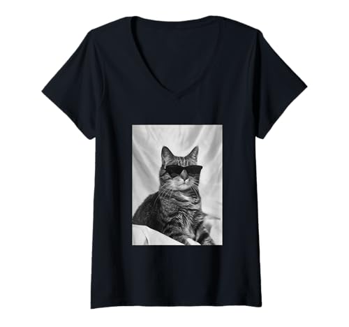 Damen Süße getigerte Katze mit Sonnenbrille Katze Tier Photo Booth T-Shirt mit V-Ausschnitt von Funny Animal Photography Clothing Co.