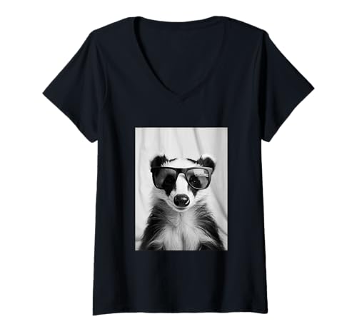 Damen Süßer Dachs mit Sonnenbrille Cool Forest Animal Photo Booth T-Shirt mit V-Ausschnitt von Funny Animal Photography Clothing Co.