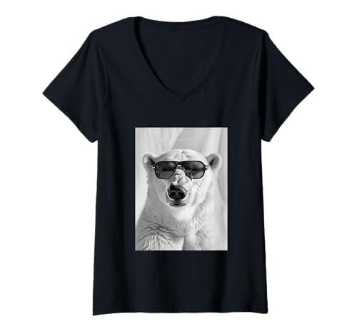 Damen Süßer Eisbär mit Sonnenbrille Meerestier Fotokabine Grafik T-Shirt mit V-Ausschnitt von Funny Animal Photography Clothing Co.