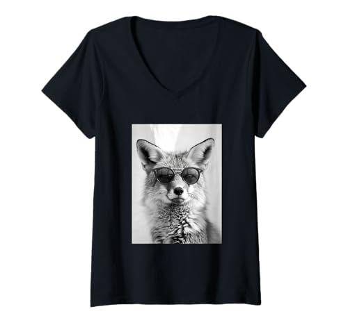 Damen Süßer Fuchs mit Sonnenbrille Cool Forest Animal Photo Booth T-Shirt mit V-Ausschnitt von Funny Animal Photography Clothing Co.