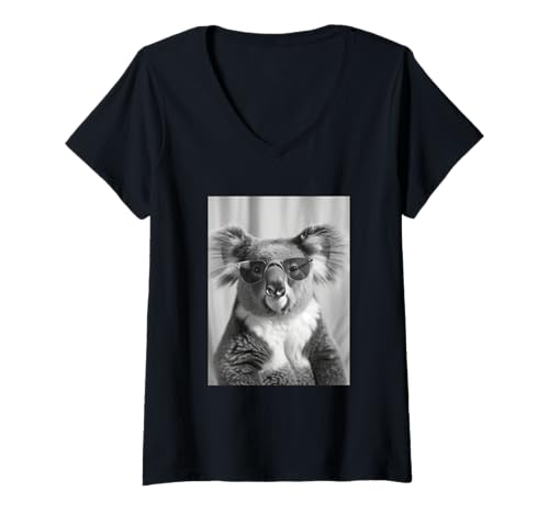 Damen Süßer Koala mit Sonnenbrille Cool Forest Animal Photo Booth T-Shirt mit V-Ausschnitt von Funny Animal Photography Clothing Co.
