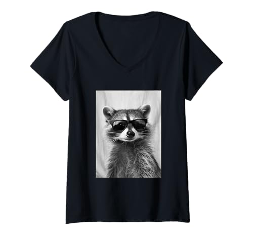 Damen Süßer Waschbär mit Sonnenbrille Cool Forest Animal Photo Booth T-Shirt mit V-Ausschnitt von Funny Animal Photography Clothing Co.