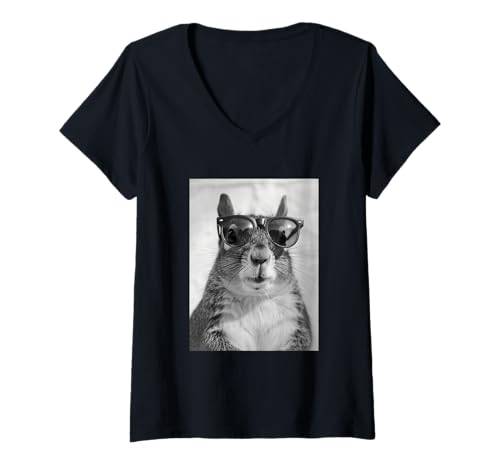 Damen Süßes Eichhörnchen mit Sonnenbrille Tier Meme Fotokabine T-Shirt mit V-Ausschnitt von Funny Animal Photography Clothing Co.