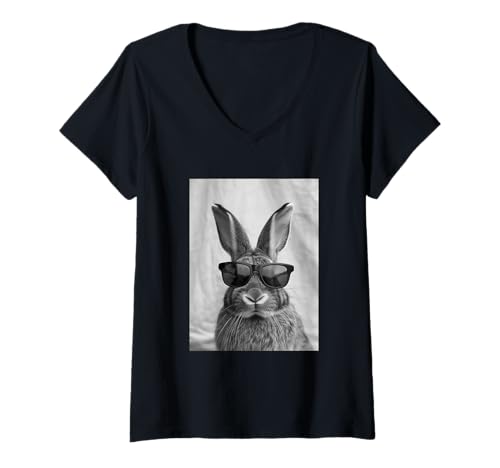 Damen Süßes Kaninchen mit Sonnenbrille Cool Forest Animal Photo Booth T-Shirt mit V-Ausschnitt von Funny Animal Photography Clothing Co.