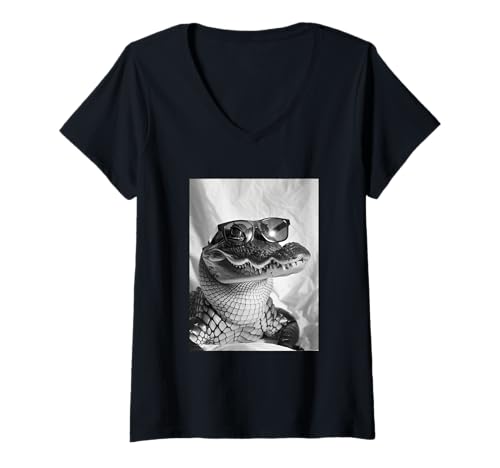 Damen Süßes Krokodil mit Sonnenbrille Reptilien Tier Fotokabine T-Shirt mit V-Ausschnitt von Funny Animal Photography Clothing Co.