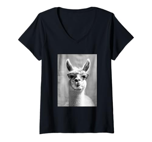 Damen Süßes Lama mit Sonnenbrille, Coole Bauernhoftier-Fotokabine T-Shirt mit V-Ausschnitt von Funny Animal Photography Clothing Co.