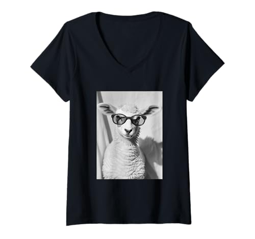 Damen Süßes Lamm mit Sonnenbrille, Coole Bauernhoftier-Fotokabine T-Shirt mit V-Ausschnitt von Funny Animal Photography Clothing Co.
