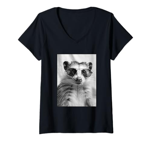Damen Süßes Opossum mit Sonnenbrille Cool Forest Animal Photo Booth T-Shirt mit V-Ausschnitt von Funny Animal Photography Clothing Co.