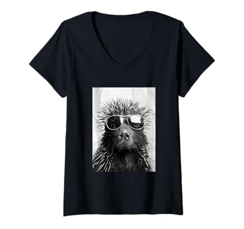 Damen Süßes Stachelschwein mit Sonnenbrille Waldtier Fotokabine T-Shirt mit V-Ausschnitt von Funny Animal Photography Clothing Co.