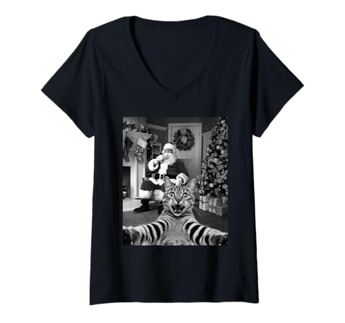 Damen Lustiges Weihnachten Katze Selfie mit Weihnachtsmann Katzen T-Shirt mit V-Ausschnitt Damen Lustiges Weihnachten Katze Selfie mit Weihnachtsmann Katzen T-Shirt mit V-Ausschnitt von Funny Animal Selfie with Santa Christmas Shop