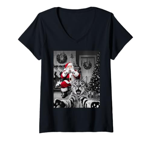 Damen Lustiges Weihnachten Katze Selfie mit Weihnachtsmann Katzen T-Shirt mit V-Ausschnitt Damen Lustiges Weihnachten Katze Selfie mit Weihnachtsmann Katzen T-Shirt mit V-Ausschnitt von Funny Animal Selfie with Santa Christmas Shop