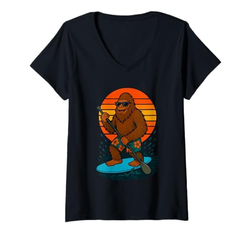 Damen Bigfoot mit Sonnenbrille Sasquatch SUP Paddle Board Standup T-Shirt mit V-Ausschnitt Damen Bigfoot mit Sonnenbrille Sasquatch SUP Paddle Board Standup T-Shirt mit V-Ausschnitt von Funny Animals Paddling and Paddleboarding Clothing