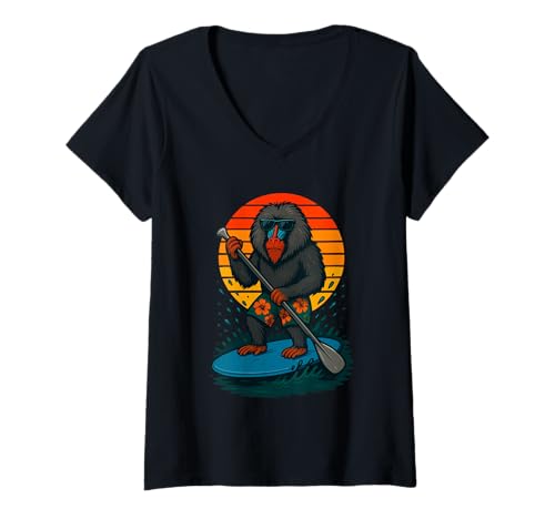 Damen Cool Baboon mit Sonnenbrille Animal SUP Paddle Board Standup T-Shirt mit V-Ausschnitt von Funny Animals Paddling and Paddleboarding Clothing