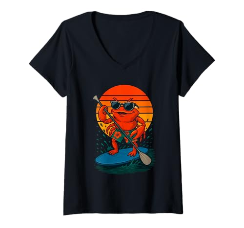 Damen Cool Crab mit Sonnenbrille Animal SUP Paddle Board Standup T-Shirt mit V-Ausschnitt Damen Cool Crab mit Sonnenbrille Animal SUP Paddle Board Standup T-Shirt mit V-Ausschnitt von Funny Animals Paddling and Paddleboarding Clothing