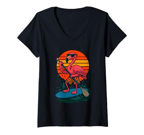 Damen Cool Flamingo mit Sonnenbrille SUP Paddle Board Stand Up T-Shirt mit V-Ausschnitt von Funny Animals Paddling and Paddleboarding Clothing