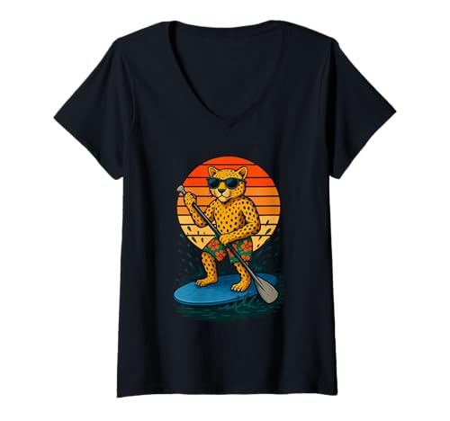 Damen Cool Gepard mit Sonnenbrille Animal SUP Paddle Board Stand Up T-Shirt mit V-Ausschnitt von Funny Animals Paddling and Paddleboarding Clothing