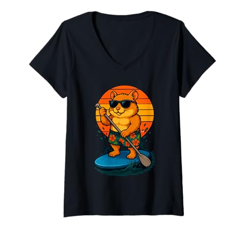 Damen Cool Hamster mit Sonnenbrille SUP Paddle Board Standup T-Shirt mit V-Ausschnitt von Funny Animals Paddling and Paddleboarding Clothing