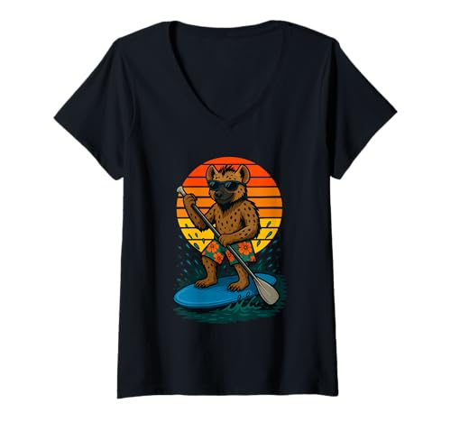 Damen Cool Hyena mit Sonnenbrille Animal SUP Paddle Board Standup T-Shirt mit V-Ausschnitt von Funny Animals Paddling and Paddleboarding Clothing