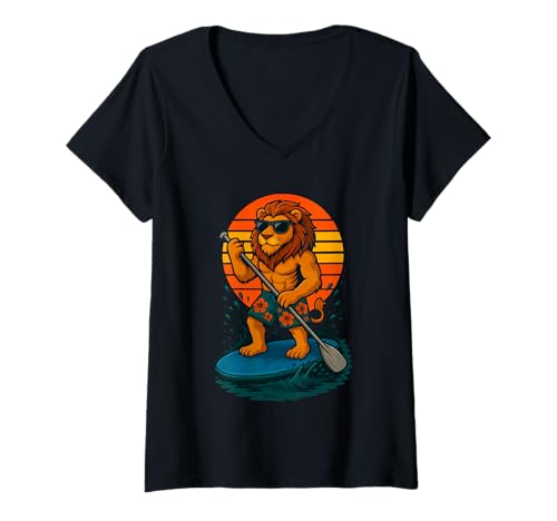 Damen Cool Lion mit Sonnenbrille Animal SUP Paddle Board Standup T-Shirt mit V-Ausschnitt von Funny Animals Paddling and Paddleboarding Clothing