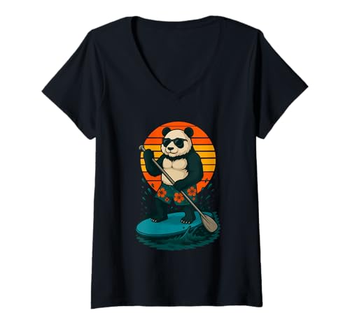 Damen Cool Panda mit Sonnenbrille Tier SUP Paddle Board Stand Up T-Shirt mit V-Ausschnitt von Funny Animals Paddling and Paddleboarding Clothing