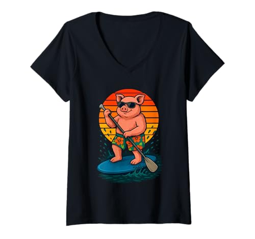 Damen Cool Pig mit Sonnenbrille Animal SUP Paddle Board Stand Up T-Shirt mit V-Ausschnitt von Funny Animals Paddling and Paddleboarding Clothing