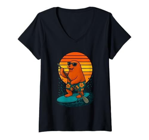 Damen Cool Seal mit Sonnenbrille Animal SUP Paddle Board Standup T-Shirt mit V-Ausschnitt Damen Cool Seal mit Sonnenbrille Animal SUP Paddle Board Standup T-Shirt mit V-Ausschnitt von Funny Animals Paddling and Paddleboarding Clothing