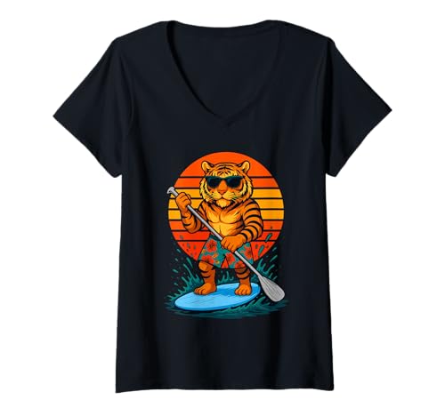 Damen Cool Tiger mit Sonnenbrille Animal SUP Paddle Board Stand Up T-Shirt mit V-Ausschnitt von Funny Animals Paddling and Paddleboarding Clothing