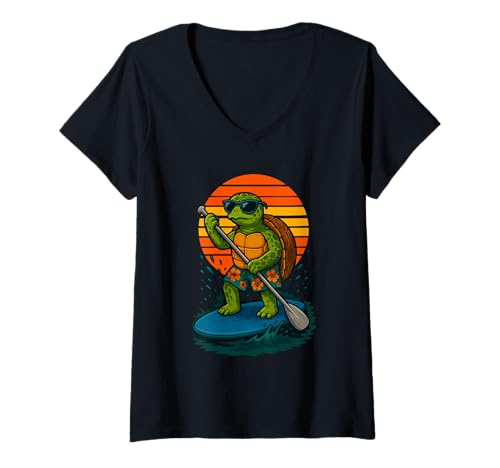 Damen Cool Turtle mit Sonnenbrille Animal SUP Paddle Board Standup T-Shirt mit V-Ausschnitt Damen Cool Turtle mit Sonnenbrille Animal SUP Paddle Board Standup T-Shirt mit V-Ausschnitt von Funny Animals Paddling and Paddleboarding Clothing