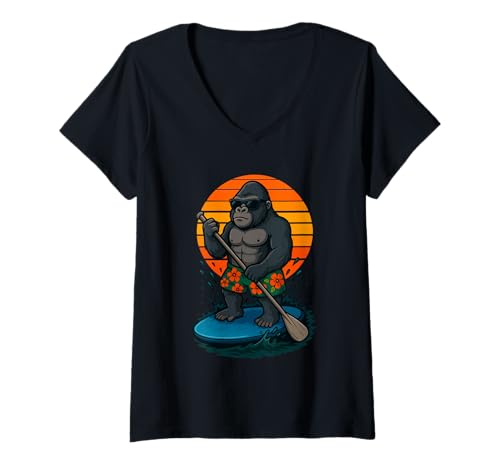 Damen Cooles Gorilla mit Sonnenbrille Animal SUP Paddle Board Standup T-Shirt mit V-Ausschnitt von Funny Animals Paddling and Paddleboarding Clothing