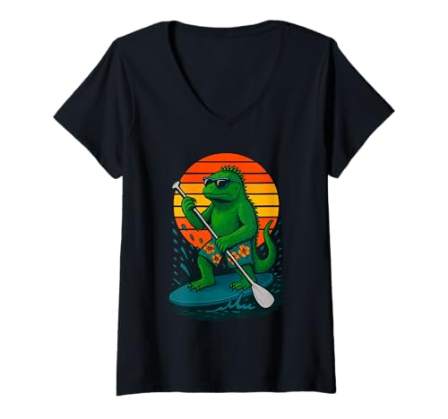 Damen Marine Leguan mit Sonnenbrille SUP Paddle Board Standup T-Shirt mit V-Ausschnitt Damen Marine Leguan mit Sonnenbrille SUP Paddle Board Standup T-Shirt mit V-Ausschnitt von Funny Animals Paddling and Paddleboarding Clothing