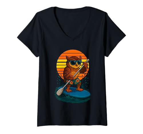 Damen Paddeleule mit Sonnenbrille Sea Beach SUP Paddleboarding T-Shirt mit V-Ausschnitt von Funny Animals Paddling and Paddleboarding Clothing