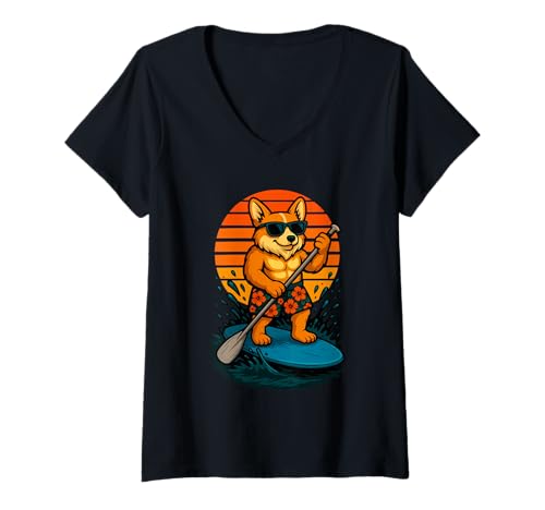 Damen Paddling Corgi mit Sonnenbrille Hund Strand SUP Paddleboarding T-Shirt mit V-Ausschnitt Damen Paddling Corgi mit Sonnenbrille Hund Strand SUP Paddleboarding T-Shirt mit V-Ausschnitt von Funny Animals Paddling and Paddleboarding Clothing