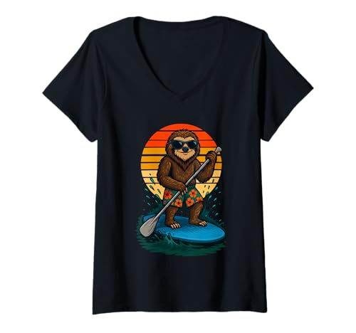 Damen Paddling Faultier mit Sonnenbrille Sea Beach SUP Paddleboarding T-Shirt mit V-Ausschnitt von Funny Animals Paddling and Paddleboarding Clothing