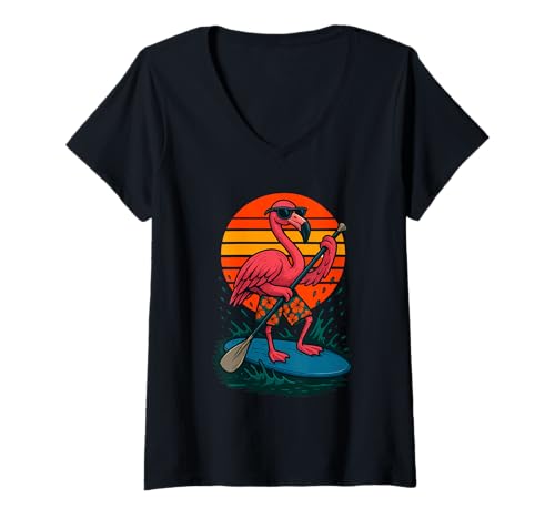 Damen Paddling Flamingo mit Sonnenbrille Beach SUP Paddleboarding T-Shirt mit V-Ausschnitt Damen Paddling Flamingo mit Sonnenbrille Beach SUP Paddleboarding T-Shirt mit V-Ausschnitt von Funny Animals Paddling and Paddleboarding Clothing